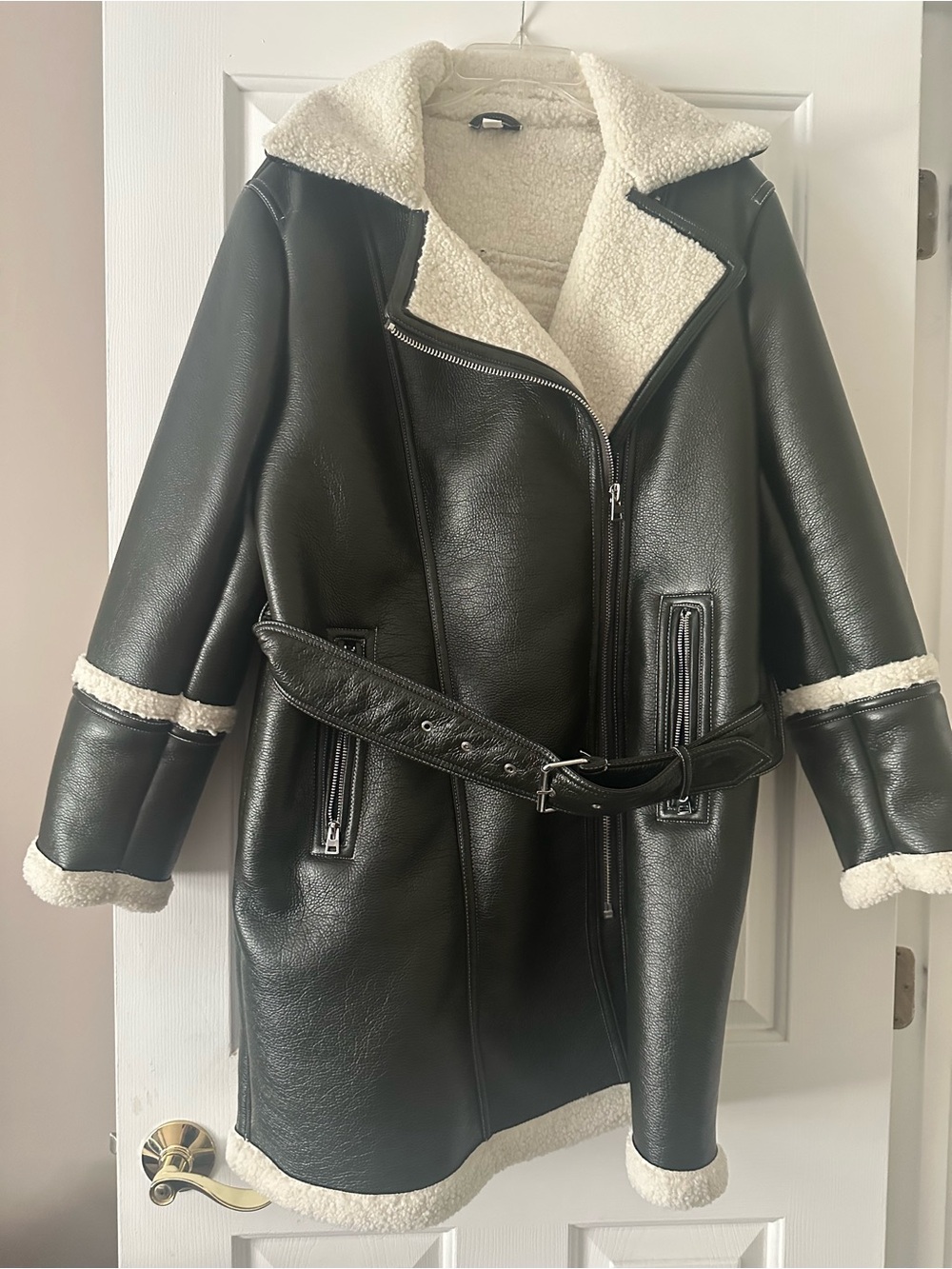 Topshop Black Faux Leather Shearling Belted Jacket